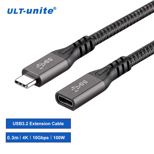 ULT-unite 20V 5A 100W 0.3m Type-C Male to Female Extension Cable 10Gbps Gold-plated Multiple Shielding Earphone Compatible