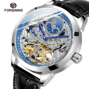 Latest Luxury Forsining Watch Custom Mens Water Resistant Dual Time Zone Moonphase Skeleton Automatic Mechanical Wrist Watches