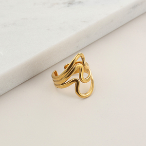 18K vàng lượn sóng Thiết kế vòng hợp thời trang Ins lấy cảm hứng từ tuyên bố đồ trang sức rỗng mở với lõi thép không gỉ mạ vàng thời trang Nhẫn - Product Image 2