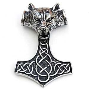 Wholesale 316L Stainless Steel Large Pendant Biker Men Nordic Viking Jewelry Gold Plated Thor Hammer Wolf's <b>Head</b> Religious <b>Style</b> - Product Image 1