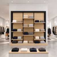 Étagère murale en bois à 3 colonnes décalées, sur mesure, pour la présentation de vêtements pliés en magasin, usage commercial