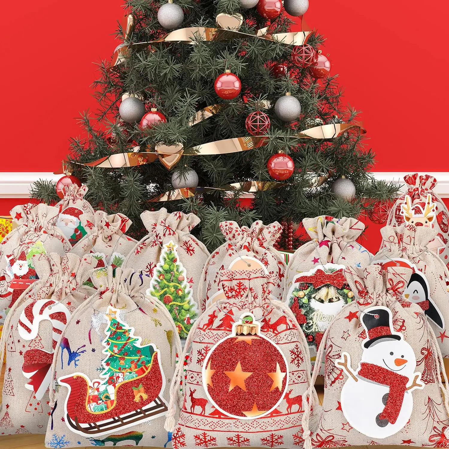 リネンステッカーギフト巾着袋クリスマスアドベントバッグハンギングDIYクリスマスカウントダウン装飾と収納