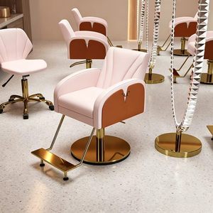 Magnifique fauteuil de coiffure en cuir rose avec base dorée, fauteuil de barbier professionnel à vendre - Product Image 3