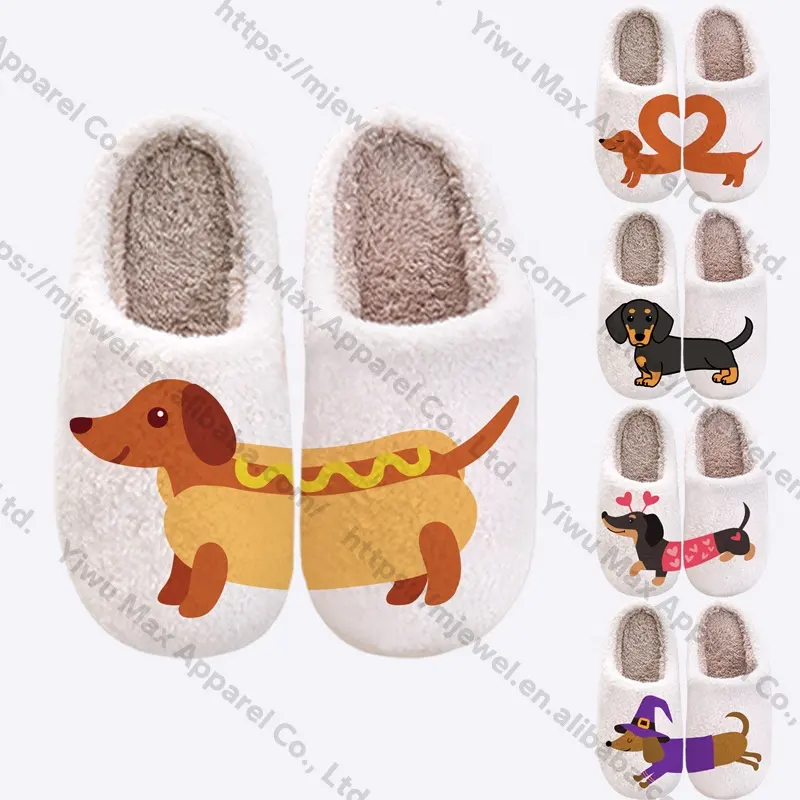 Custom Slippers woman ladies wholesalers custom home slippers dachshund design plush winter fuzzy house furry slippers for women