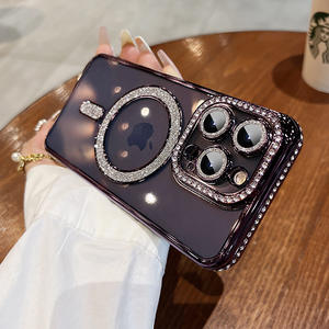 Nouveau étui de téléphone transparent magnétique de galvanoplastie pour <span class=keywords><strong>iPhone</strong></span> 11 <span class=keywords><strong>12</strong></span> 13 14 15 promax accessoires de téléphone de frontière de strass de luxe - Product Image 3