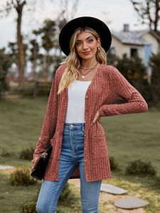 Chaqueta Cárdigan sin Cuello de Manga Larga, Color Sólido, Acanalado, Estilo Coreano, para Mujer, Otoño - Product Image 6
