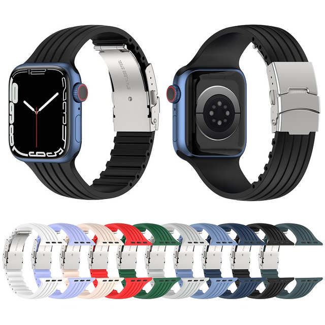 For Apple Watch Ultra 8 7 6 Metal Folding Clasp 38mm 40mm 42mm 44mm Pure Color Stripe Pattern Silicone Watch Strap