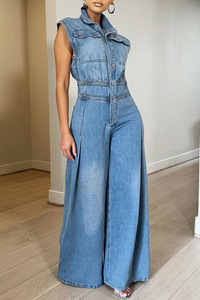 Combinaison en jean délavé pour femme, coupe ample, col montant, boutonnée sur le devant, couleur unie, style estival, tendance, approvisionnement transfrontalier - Product Image 3