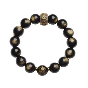 Bracelet en obsidienne naturelle authentique, directement de l'usine ; Bracelet en obsidienne dorée pour homme ; Bracelet unisexe avec perles du zodiaque Serpent - Product Image 5