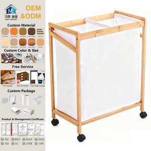 Bamboo Sorte Saving Dirty Clothes Storage <strong>Laundry</strong> Basket Separator <strong>Hamper</strong> with <strong>White</strong> Fabric and 4 Swivel Wheels - Product Image 1