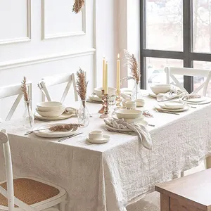 Hemstitch toalha de mesa personalizada, panos de mesa bege de linho de algodão, banquete de casamento, reutilizável, lavável para eventos, jantar