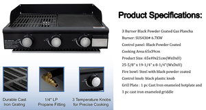 Barbecue à gaz portable moderne de 25 pouces avec plaque de cuisson en <span class=keywords><strong>fonte</strong></span> <span class=keywords><strong>émaillé</strong></span>e, 3 brûleurs au propane, 36 000 BTU, conception côte à côte - Product Image 3