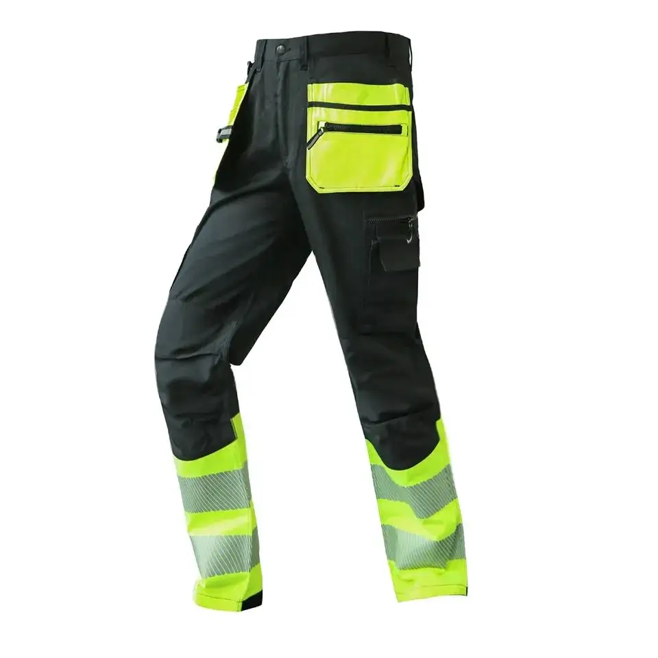 65% Polyester 35% Baumwolle Schutz individuelle Arbeitshose Hochsichtliche reflektierende gestreifte Arbeituniform Mehrfachtaschen Sicherheit Cargo-Hose