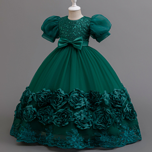 Robe de princesse élégante pour filles pour les fêtes d'été, manches bouffantes mignonnes avec jupe florale, tissu en taffetas, ODM, groupe d'âge : enfants - Product Image 4