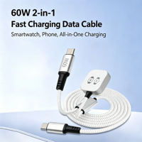 Cable USB C 2 en 1 de 60 W con Carga Rápida para Macbook, Compatible con Relojes Samsung y Apple