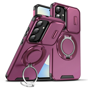 Coque robuste avec protection d'objectif coulissante pour Samsung S25 <span class=keywords><strong>FE</strong></span>, étui rigide avec béquille rotative et support anneau, noir - Product Image 2