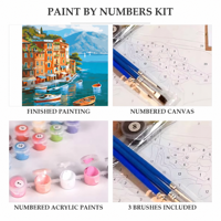 Kit de Peinture par Numéros 40x50cm Village Costier – Ensemble de Peinture sur Toile DIY pour l'Enseignement Artistique Scolaire et la Pratique du Dessin