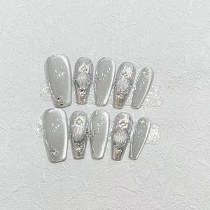 100% hecho a mano plata reutilizable a presión uñas almendra ataúd Nail Art dibujado a mano ojo de gato Gel Metal flores ABS falso Artificial - Product Image 3