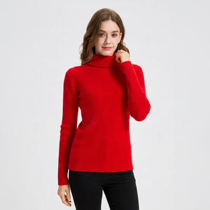 Women's Turtleneck Pullover Rib Knit 100% Cashmere Solid Red Winter <b>Sweater</b> Full Sleeve Elegant Style - Product Image 6