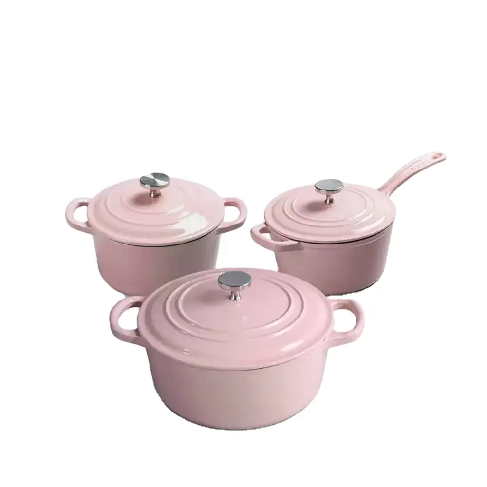 mcooker pink color kitchen cookware set cooking pot cast iron dutch oven enamel pot casserole