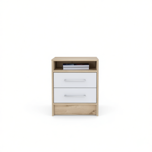 Comodino a due cassetti Cartiz in rovere chiaro bianco, mobile moderno per camera da letto - Product Image 1