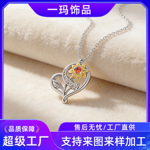 Collar con colgante de girasol en forma de corazón con gema naranja en tono dorado plateado para mujer, joyería de regalo para uso diario - Product Image 5