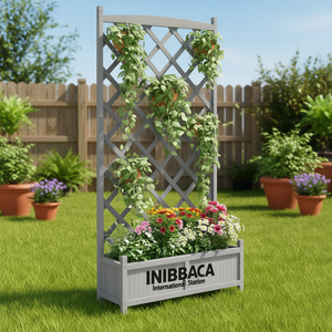 Fioriera in Legno Massello di Abete Grigio con Traliccio e Ruote, Prodotto per Giardinaggio - Product Image 2