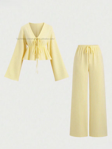 Women's New Arrival Comfortable Striped Loose-Fit <b>Tie</b>-Front Top & Pants Casual 2-Piece <b>Set</b> Fashion - Product Image 3