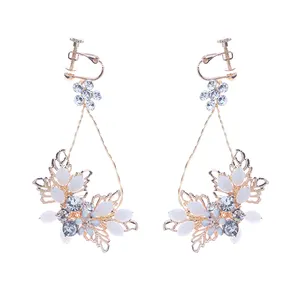 Fashion Handmade Crystal Rhinestones Opal Metal Flower Bridal Dangle Earring Wedding Drop Long Earring