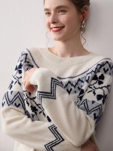 Suéter de Cachemira de Invierno para Mujer, Diseño Jacquard Fair Isle, Holgado, de Lana de Cachemira, con Logotipo Personalizado, Cuello Redondo - Product Image 5