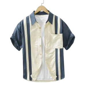 Chemise à manches courtes rayée pour homme, col cubain vintage, boutonnée, <span class=keywords><strong>d</strong></span>écontractée, bleu et <span class=keywords><strong>blanc</strong></span>, OEM ODM, vente en gros - Product Image 1