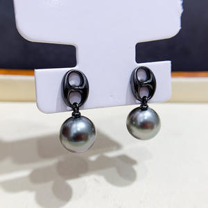 Accessoires en argent S925 pour la création de bijoux, perles rondes de 9 à 13 mm sur support 22070, noir et argent, boucles d'oreilles vides, clous d'oreille - Product Image 2