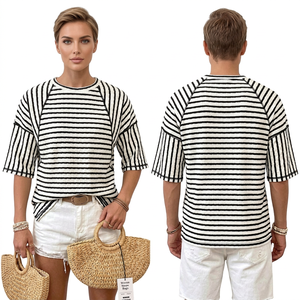 <b>Women</b> Eco-Friendly Polyester Striped <b>Loose</b> Fit T <b>Shirt</b> Crew Neck Short Sleeve Knitted Pullover Casual Summer Tee - Product Image 5