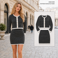 Ensemble deux pièces pull cardigan tricoté rayé boutonné et jupe, personnalisé ODM, pour femme, collection automne-hiver, vente en gros