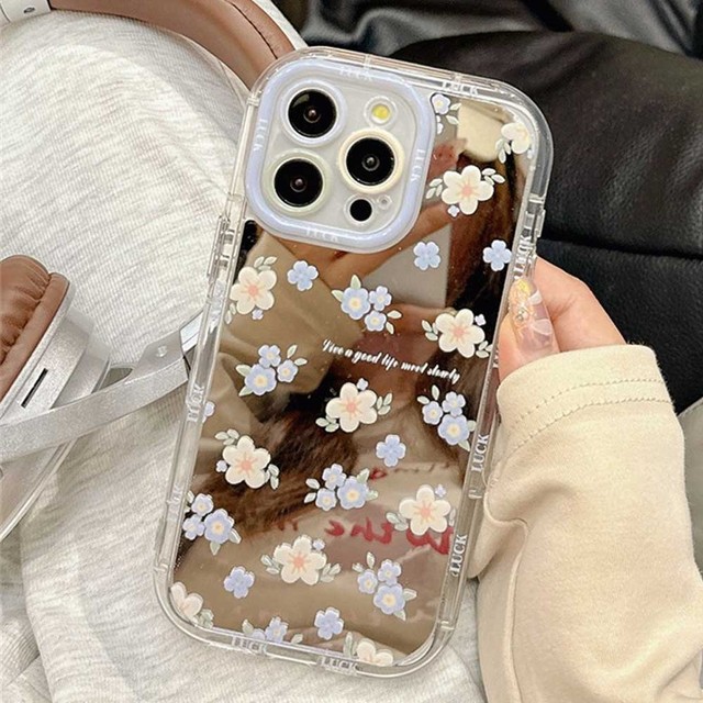 Cute Blue Flowers Mirror Mobile Phone Case for iPhone 17 Pro Max 16 15 14 13 11 12 Soft Bumper Shockproof Cover for Iphone 16Pro