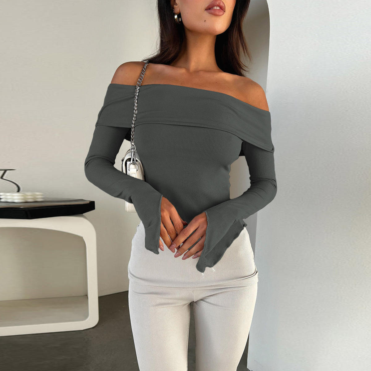 Wholesale Ladies off Shoulder Long Sleeve Shirt 2024 Summer