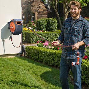 Enrouleur de tuyau rétractable automatique monté au mur et support pivotant à 180 ° verrouillant n'importe quelle longueur pour organiser proprement le pistolet fonctionnel du tuyau - Product Image 5