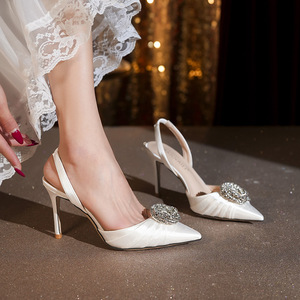 Sandalias de Tacón Alto con Punta en Pico y Pedrería, Estilo Francés, Elegantes, Sexys, para Club, Noche, Boda, de Cuero Vacuno Blanco para Mujer - Product Image 5