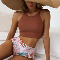 Bikini Pinggang Tinggi Wanita, Leher Sendok Baju Mandi Pantai Olahraga Halter Tankini 2 Potong