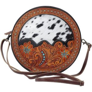 Myra Tasche Runde Kuhleder Umhängetasche 10,5 Zoll mit Blumenmuster Handgraviert für Damen - Product Image 1