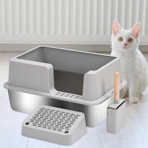 Sartén de arena para gatos de acero inoxidable gris claro de lujo, 20L, gran capacidad, semicerrado, lados altos, a prueba de salpicaduras, caja de arena para mascotas de limpieza automática - Product Image 1