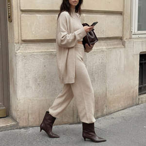 Ensemble de vêtements en tricot pour femmes, haut court, pantalon, cardigan beige, tenue décontractée 2026 - Product Image 4