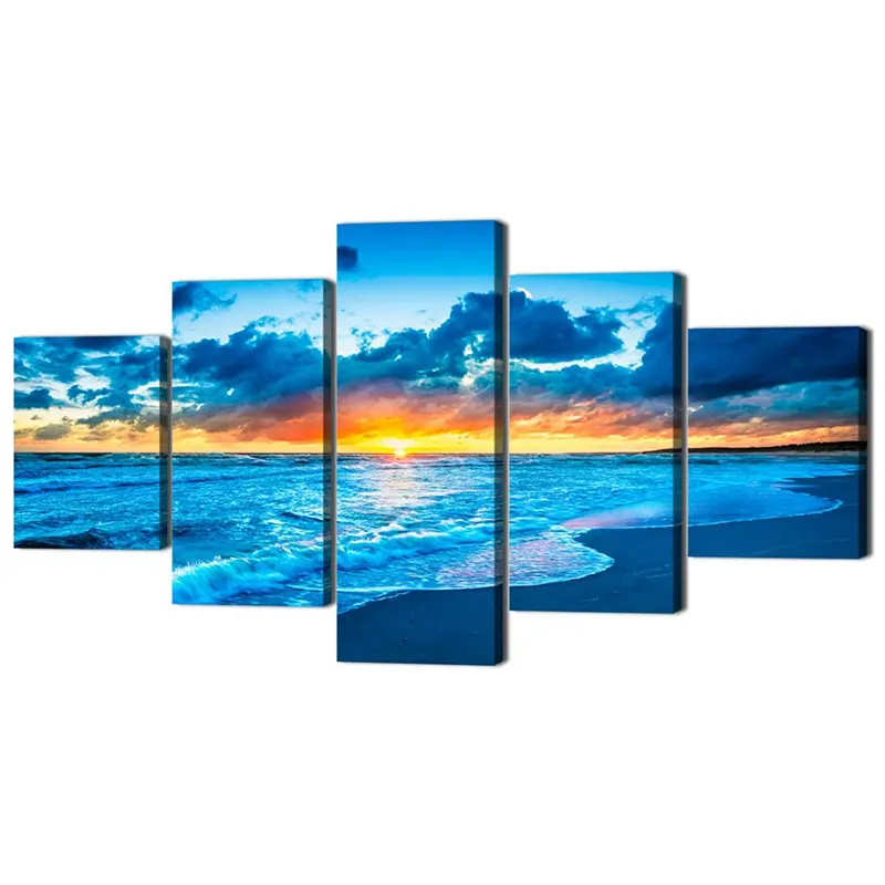 Home Decor Modern Wall Art HD Print Modular Posters Pictures 5 Panel Waves On Beach Sunset seascape framed wall art