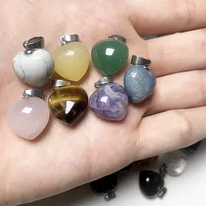 15mm Custom Assorted Natural Healing Crystal Gemstone Beads Steel Heart Stone Pendants For Jewelry Making Quartz Main Stone