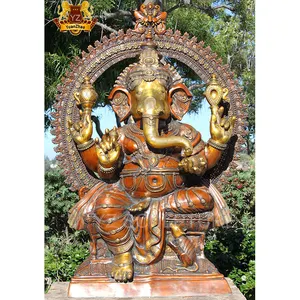 Modern Casting Metal Bronze Indian God Ganesh Copper Statue Hindu Brass Lord Ganesha Statue Sculpture Big On Throne With Rat