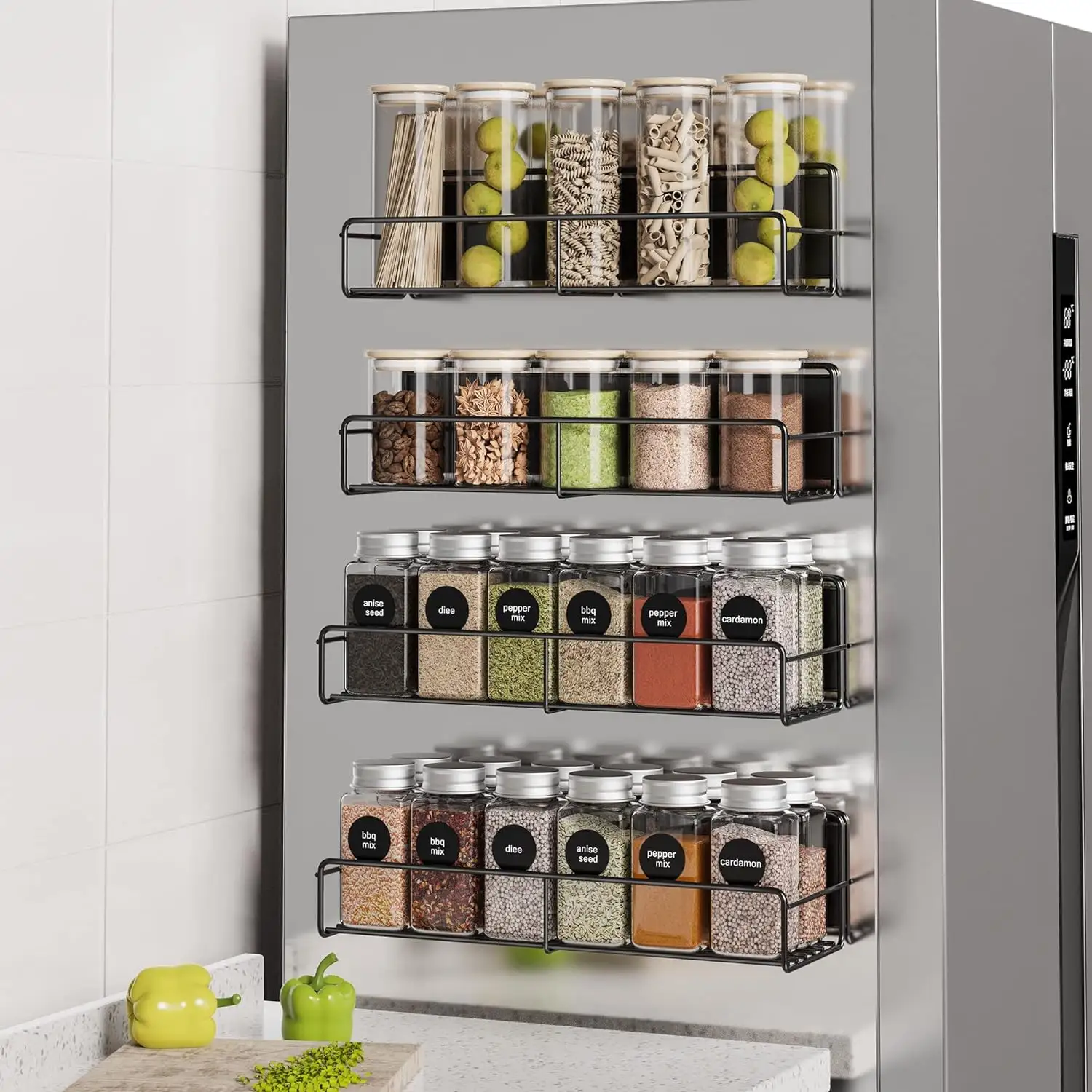 冷蔵庫用の可動式4パック磁気スパイスラックオーガナイザー、キッチン用の磁気棚冷蔵庫オーガナイザー