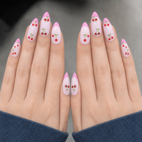 Faux Ongles à Presser Personnalisés en Gros, Longs Amande, Strass Cerise 3D, French Manucure, Couverture Complète, Brillants, pour Nail Art