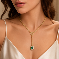 Collier Lariat Cœur Doré avec Pendentif Pierre Précieuse Verte, Chaîne en Y pour Femme, Vente en Gros, Bijoux de Mode, Accessoires, Coffret Cadeau, Styles Chics, Soirée