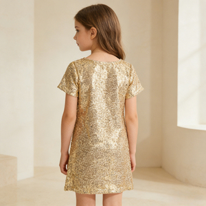 Robe de soirée élégante personnalisée pour adolescentes, en sequins dorés, une pièce, pour filles de 13 <span class=keywords><strong>ans</strong></span>, <span class=keywords><strong>vêtements</strong></span> d'été à manches courtes pour enfants - Product Image 2
