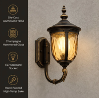 Lámpara de Pared Exterior de Aluminio Fundido a Presión en Bronce Antiguo, con Cristal Martillado Color Champán, E27, Aplique Exterior Impermeable, Linterna de Jardín para Villa
